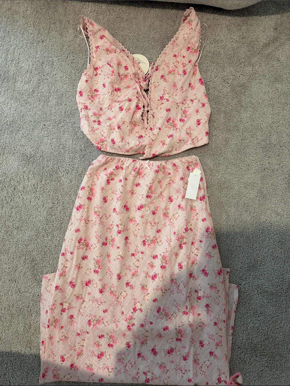 Floral Lace-Up Crop Top and Skirt Set - Pink